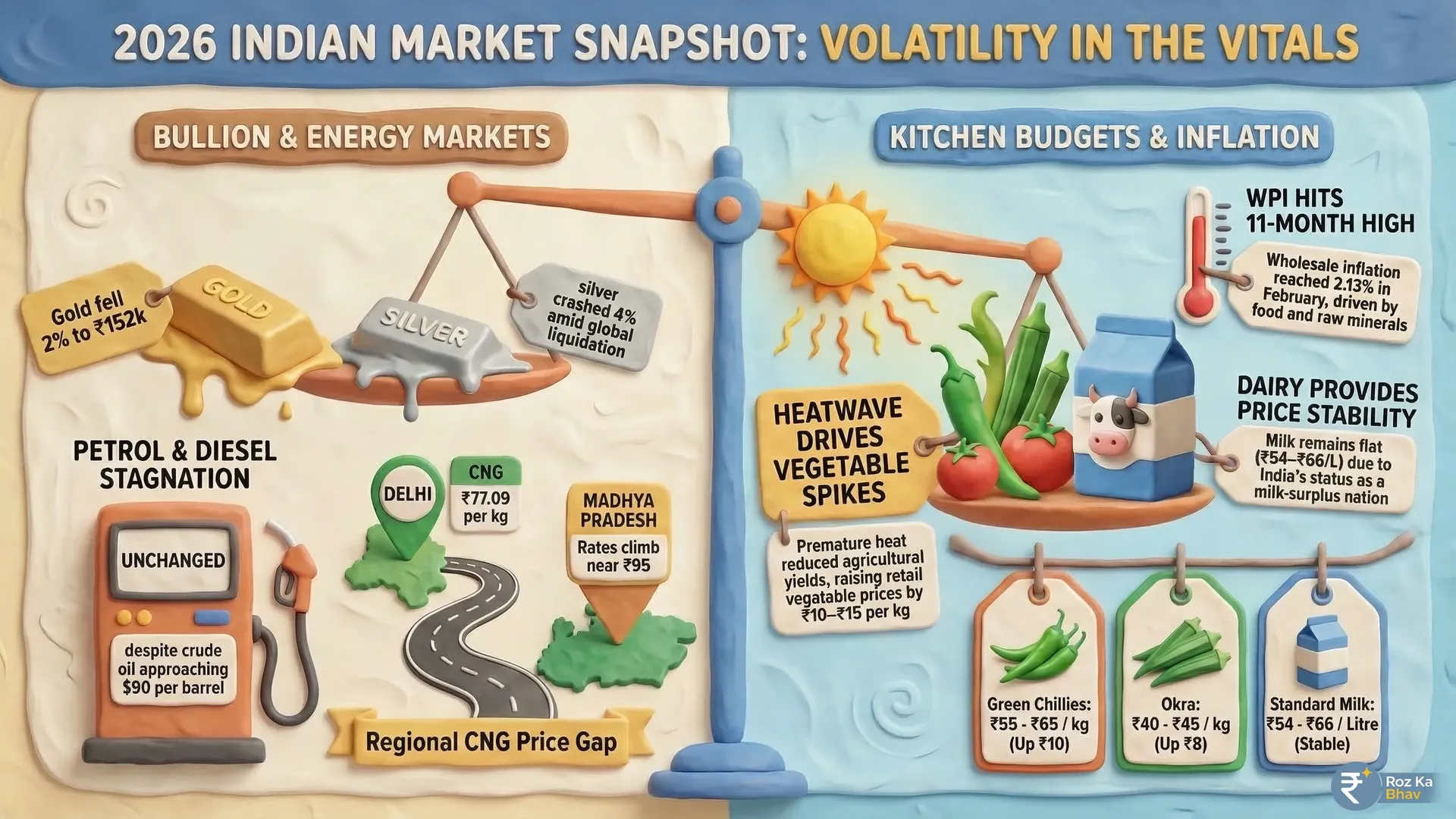 India Market Pulse: Bullion Slumps as Heatwave Spikes Vegetable Prices Financial infographic showing 24K gold at ₹152,000, silver’s 4% crash to ₹242,700, stable petrol at ₹94.77, and a ₹15 hike in vegetable prices due to heatwaves.