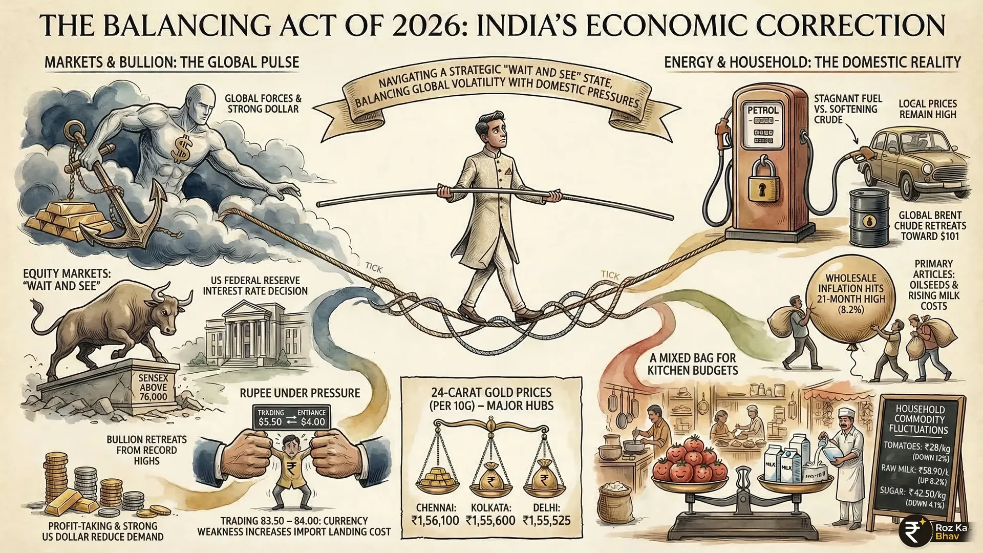 Indian Market Pulse: Gold Correction, Fuel Stability, and Food Inflation Trends March 2026 Detailed financial infographic showing India's market data for March 19, 2026, including Sensex at 76,000, 24K gold rates in Delhi at ₹1,55,525, silver at ₹2.56 lakh per kg, petrol prices in Mumbai at ₹103.54, and food inflation updates highlighting a 12% drop in tomato prices against an 8.2% rise in raw milk costs.