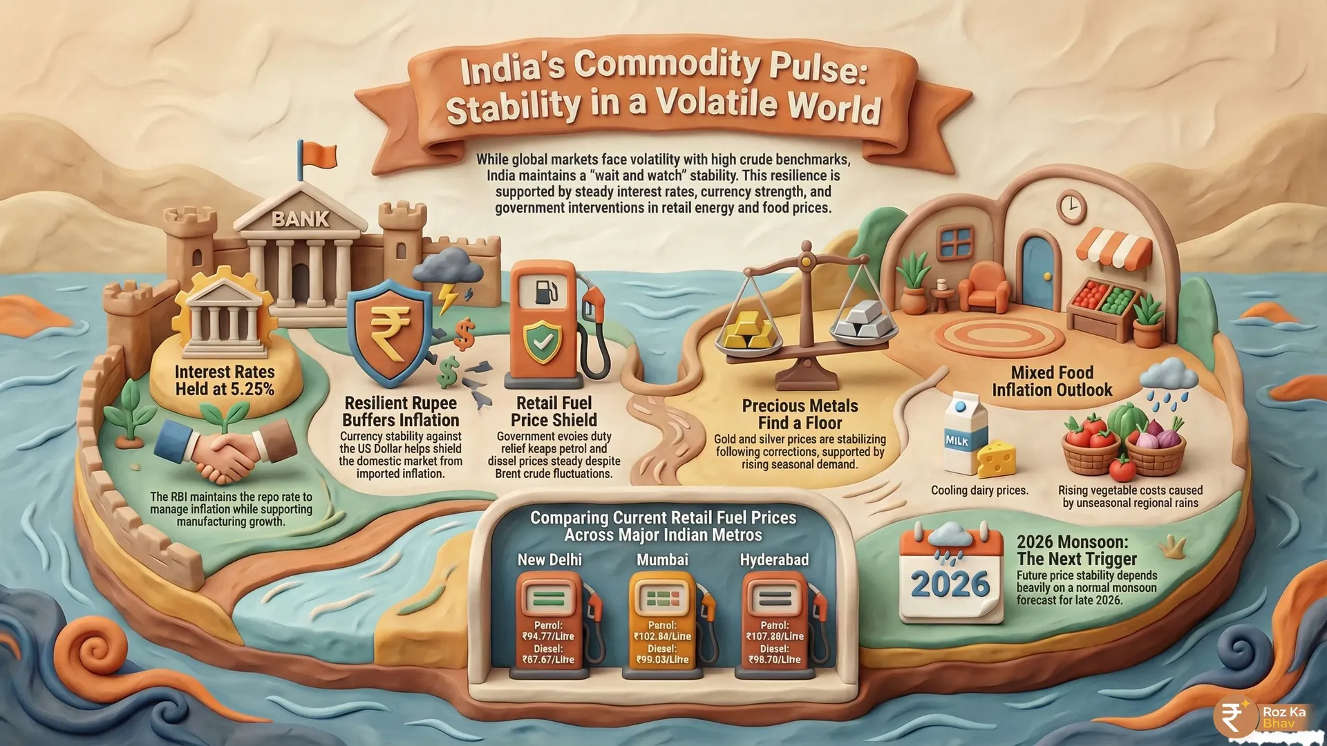 Indian Market Pulse: Gold Stability, Fuel Rates, and Food Inflation Trends Explained Detailed infographic displaying Indian market data for March 29, 2026, including 24K gold rates at 14,809 per gram, silver at 2.45 lakh per kg, petrol prices in Delhi at 94.77 per litre, and kitchen staples like onions at 35 to 40 per kg amidst RBI repo rate stability at 5.25 percent.