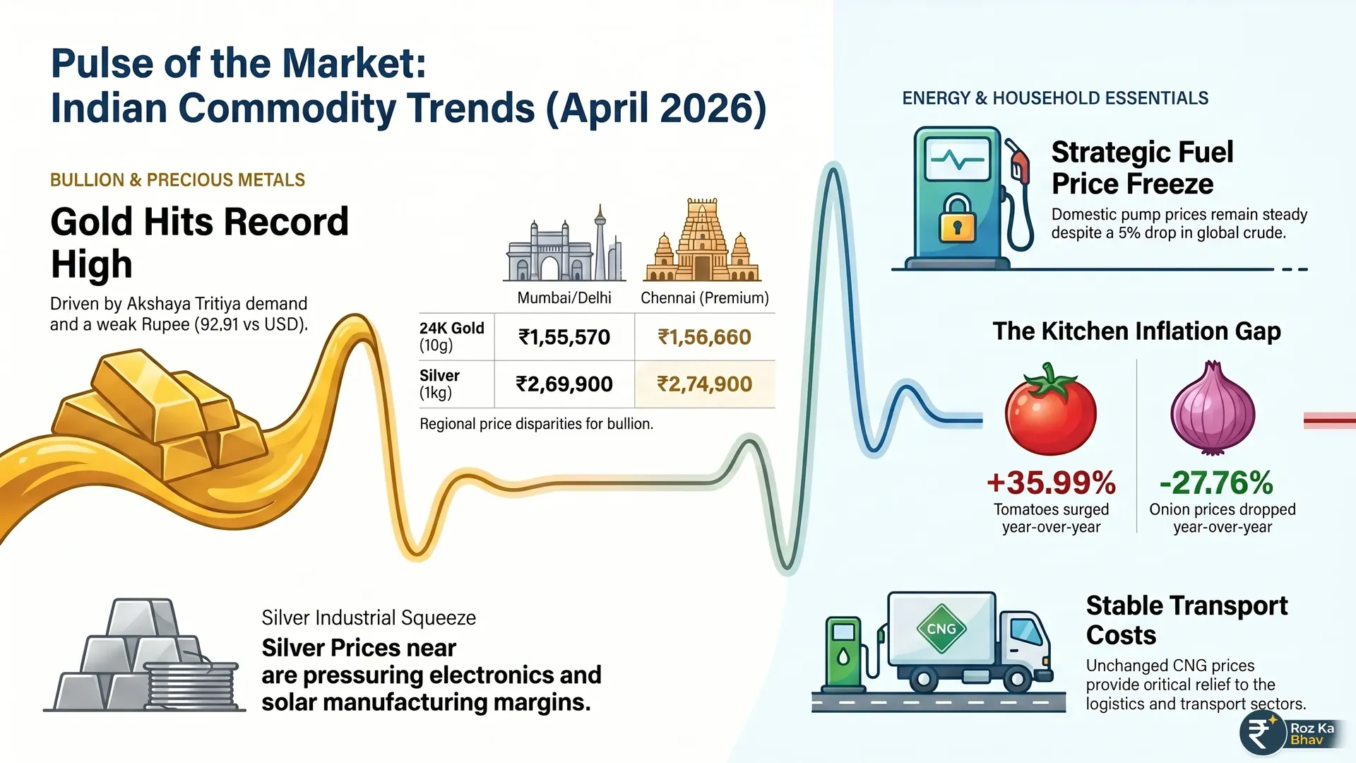 India Market Pulse: Historic Gold Peaks and Kitchen Inflation Trends April 2026 Financial infographic showing 24K gold at ₹1,55,570 per 10g, silver at ₹2,69,900 per kg, stable petrol rates at ₹94.77 in Delhi, and a 35% surge in tomato and cauliflower prices as of April 17, 2026.