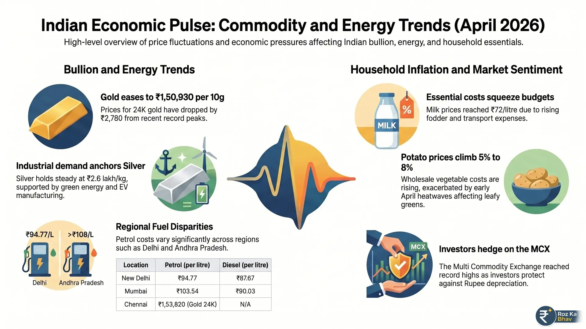 India Market Pulse April 29: Gold Prices Cool as Silver Holds Historic Peaks Market infographic for April 29 2026 showing 24K gold at 1,50,930 per 10g, silver steady at 2,60,000 per kg, petrol at 94.77 in Delhi, and milk prices rising to 72 per liter.