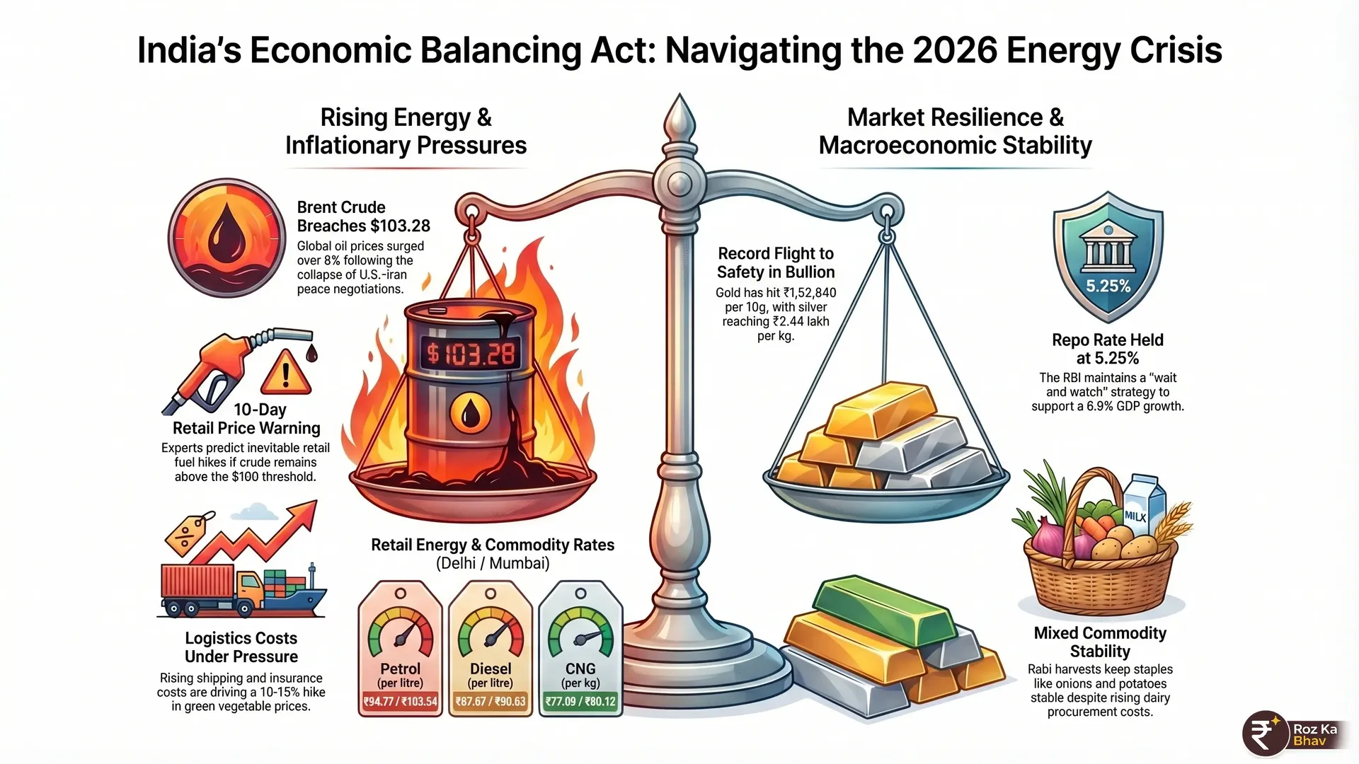 Market Pulse 2026: Crude Oil Shocks, Gold at Historic Peaks, and RBI Strategy Explained Detailed financial infographic showing Brent crude at 3.28, 24K gold at ₹1.52 lakh, silver at ₹2.44 lakh, stable petrol rates in Delhi and Mumbai, rising vegetable prices, and the RBI repo rate held at 5.25% amidst the Strait of Hormuz crisis.