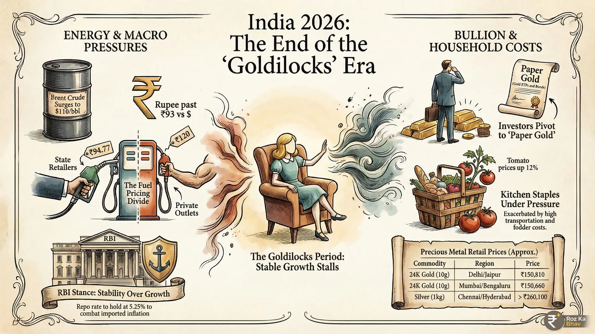 India Market Pulse: RBI Policy, Historic Gold Rates, and Fuel Price Divergence Infographic showing India market updates for April 7, 2026, including 24K gold at ₹1,50,810, silver near ₹2.5 lakh, petrol price gap between state-run ₹94.77 and private ₹120 outlets, a 12% jump in tomato prices, and the Rupee crossing ₹93 against the Dollar.