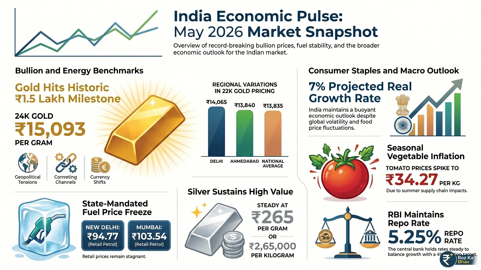 India Market Pulse May 2026: Gold Hits Historic ₹1.5 Lakh Peak Amid Food Inflation Financial infographic displaying India market rates for May 3, 2026, including 24K gold at ₹15,093 per gram, silver at ₹265 per gram, petrol prices in Delhi at ₹94.77 and Mumbai at ₹103.54, and kitchen staples like tomatoes at ₹34.27 and milk at ₹59.84.