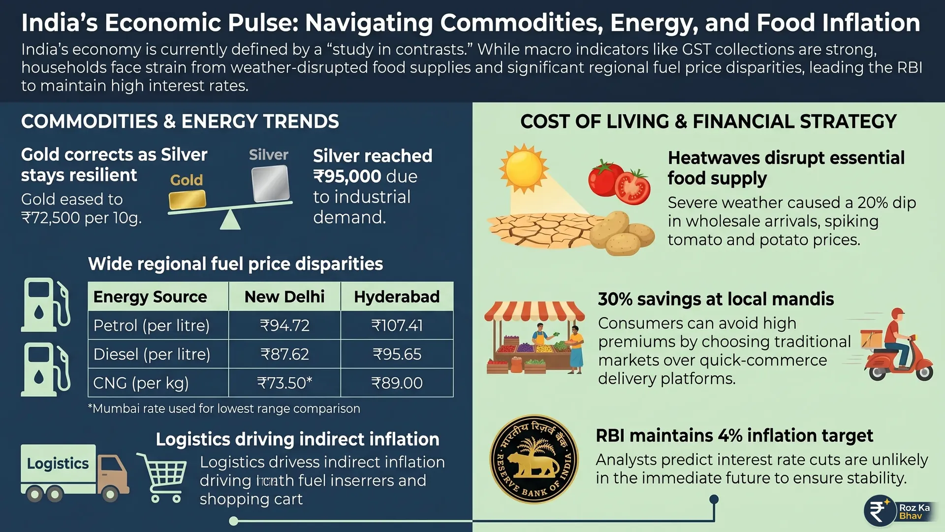 Indian Market Pulse: Gold Correction, Fuel Disparity, and Kitchen Inflation Trends Financial infographic displaying 24K gold rates at ₹72,500, silver at ₹91,000, petrol price disparities between Delhi and Hyderabad, and rising tomato and milk costs.
