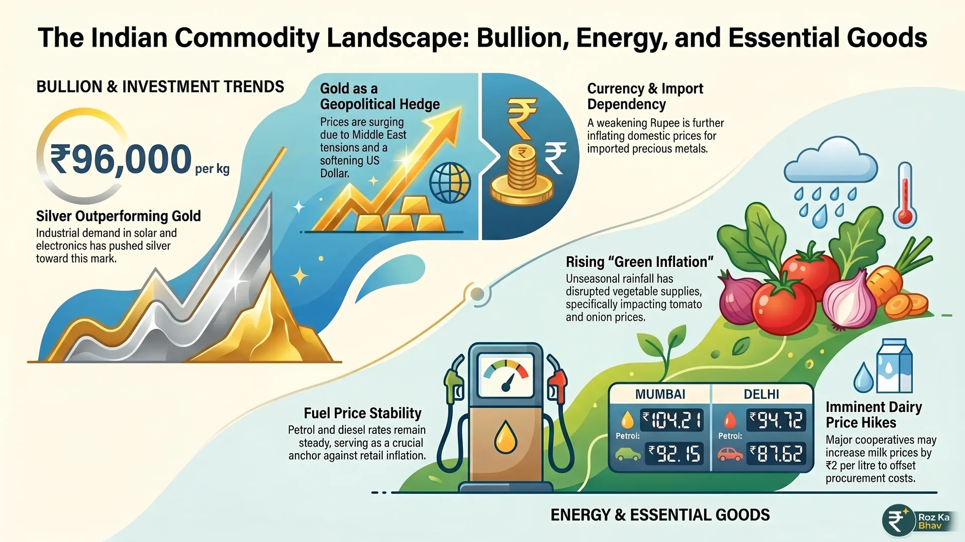 Indian Market Pulse: Bullion Surges and Kitchen Inflation Trends Explained Infographic displaying Indian market data: Gold prices hitting ₹75,100 in Chennai, Silver at ₹96,000, stable Petrol/Diesel rates in Mumbai and Delhi, and rising costs for tomatoes and dairy.