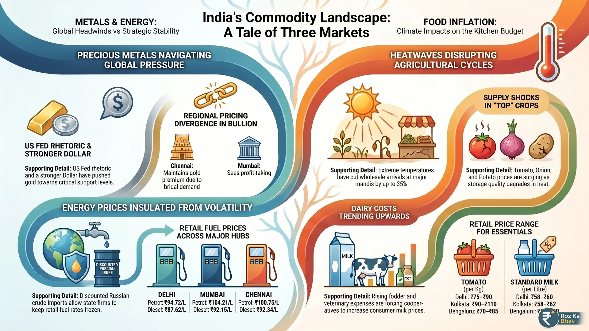 Indian Market Pulse: Gold Slumps and Kitchen Inflation Surges | Trends Explained Comprehensive market infographic showing Indian commodity trends including MCX gold slumping toward 71,840 rupees, silver at 29 dollars per ounce, stable metropolitan petrol and diesel rates insulated by Russian crude sourcing, and a major kitchen inflation section mapping a thirty percent drop in wholesale vegetable arrivals alongside surging retail prices for tomatoes, onions, and standard dairy milk across Mumbai, Delhi, Chennai, Kolkata, and Bengaluru.