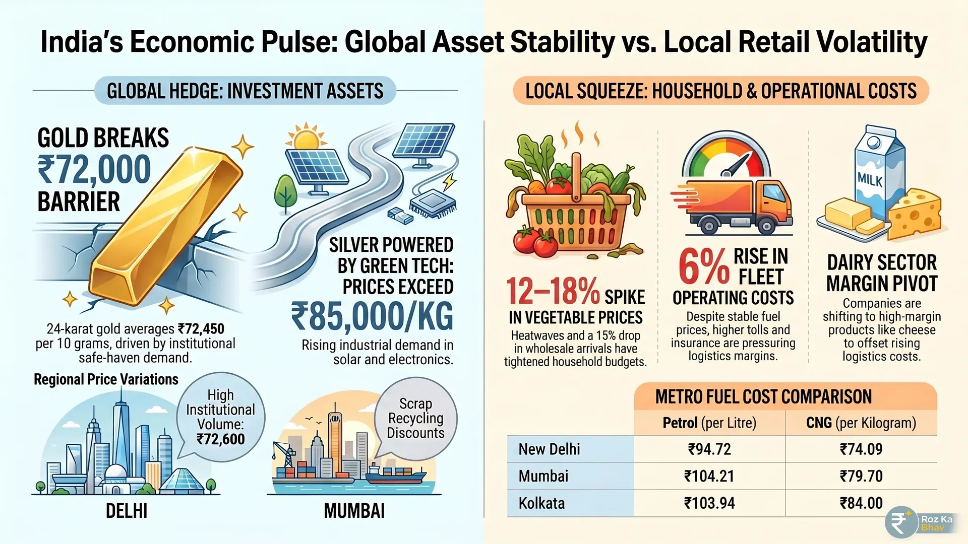 Indian Market Pulse: Gold Peaks and Food Inflation Exploded, Fuel Stabilizes Financial infographic detailing the Indian market overview for June 11, 2026. Charts display 24k gold at historic peaks over ₹72,450 per 10 grams and silver surging past ₹85,800 per kilogram driven by safe-haven demand. Energy data illustrates stable metro petrol and diesel rates alongside fluctuating CNG trends. Food sector statistics highlight a massive 12% to 18% spike in essential kitchen vegetables like tomatoes, onions, and potatoes alongside steady toned milk metrics across Delhi, Mumbai, Kolkata, Chennai, and Bengaluru.