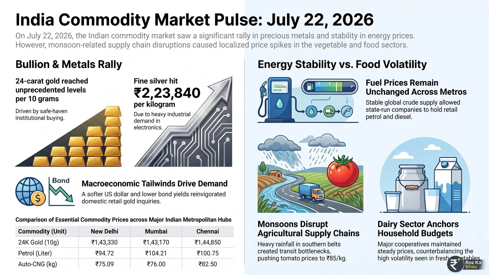 India Market Pulse: Gold & Silver Surge, Fuel Holds Steady, Monsoon Hits Kitchen Budgets (July 22, 2026) Comprehensive infographic breakdown of Indian market news on July 22, 2026, showing 24K gold consolidating at ₹1,43,330 per 10g and fine silver at ₹2,23,840 per kg alongside flat fuel tariffs including Delhi petrol at ₹94.72 per liter and metro CNG rates, plus retail kitchen vegetable inflation with tomatoes reaching ₹65 to ₹85 per kg.