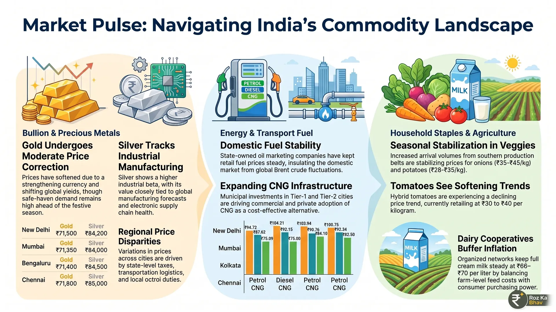 Indian Market Pulse: Bullion Shifts, Stable Energy, & Kitchen Essentials Trends Infographic summarizing Indian commodity market trends showing 24K gold rates per 10 grams ranging from 71,350 to 71,800 rupees and silver per kilogram from 84,000 to 85,000 rupees across New Delhi, Mumbai, Bengaluru, and Chennai. Also details fuel tariffs with petrol between 94.72 and 104.21 rupees, diesel from 87.62 to 92.34 rupees, CNG from 75.00 to 84.10 rupees, plus kitchen staples including local onions at 35 to 45 rupees, potatoes at 28 to 35 rupees, hybrid tomatoes at 30 to 40 rupees, and packaged milk at 66 to 70 rupees per liter.